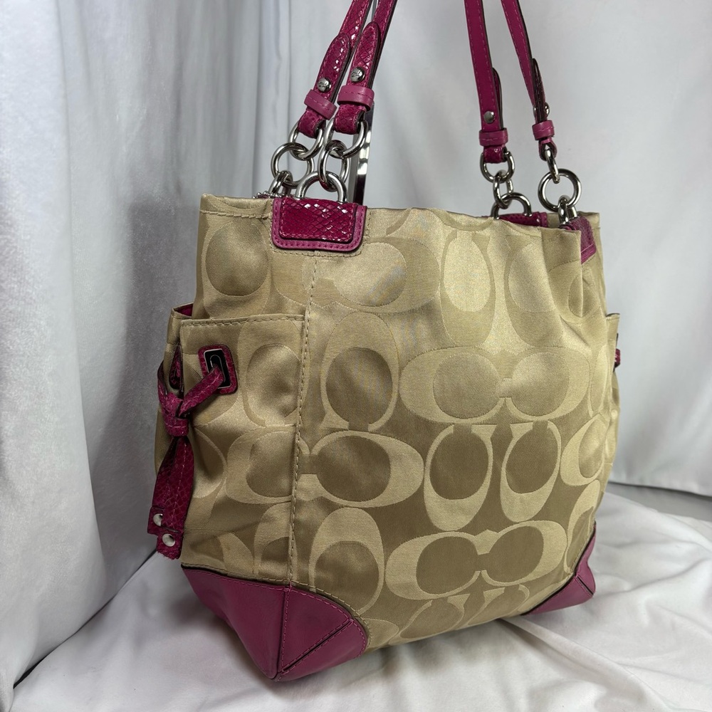 COACH Peyton Signature Khaki/ Fushia Sateen Signature Tote Bag - Picture 7 of 14